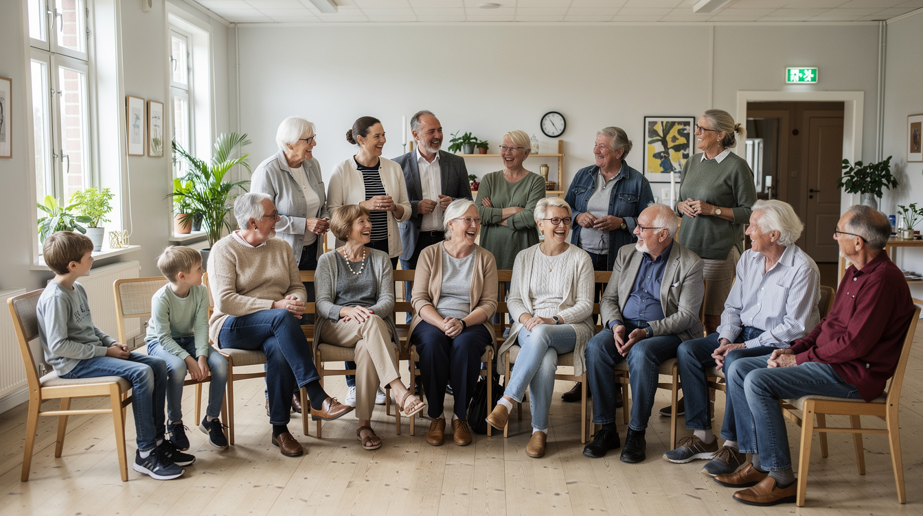 Neighbors gathered in a Danish community hall sharing stories