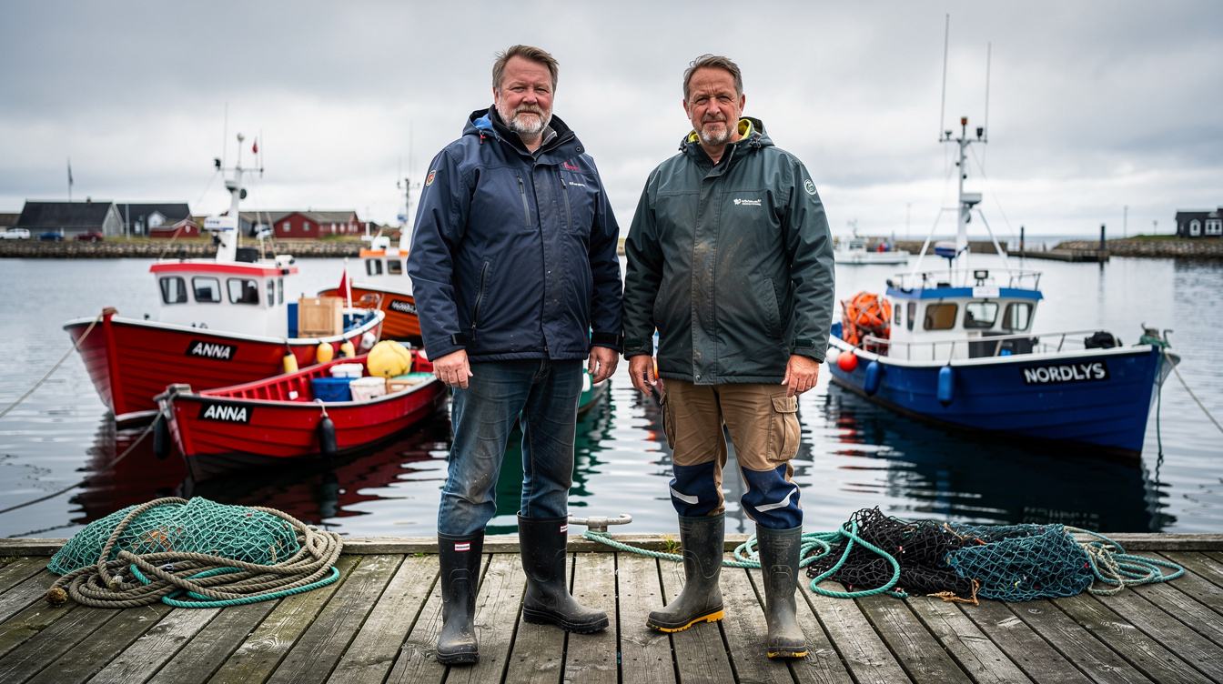 Danish fishermen standing on a harbor pier with fishing boats