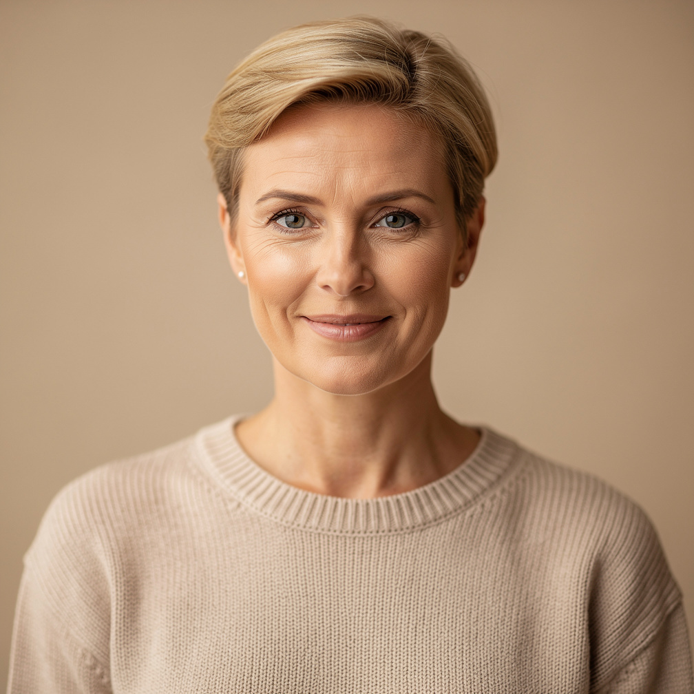 Studio portrait of a Danish woman with short blonde hair, editorial lead